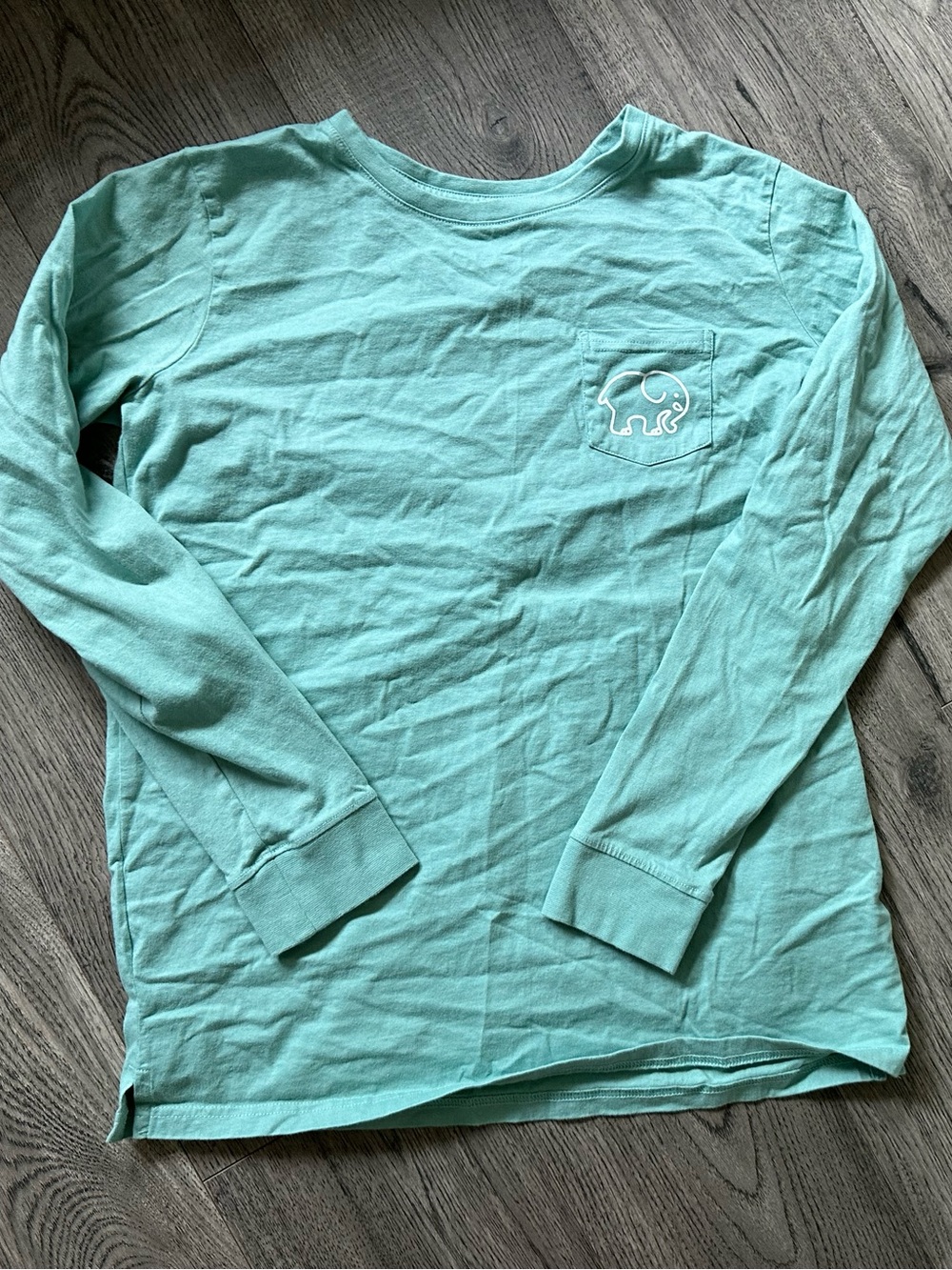 ivory ella Mint Green Long Sleeve Pocket Tee with White Elephant Logo